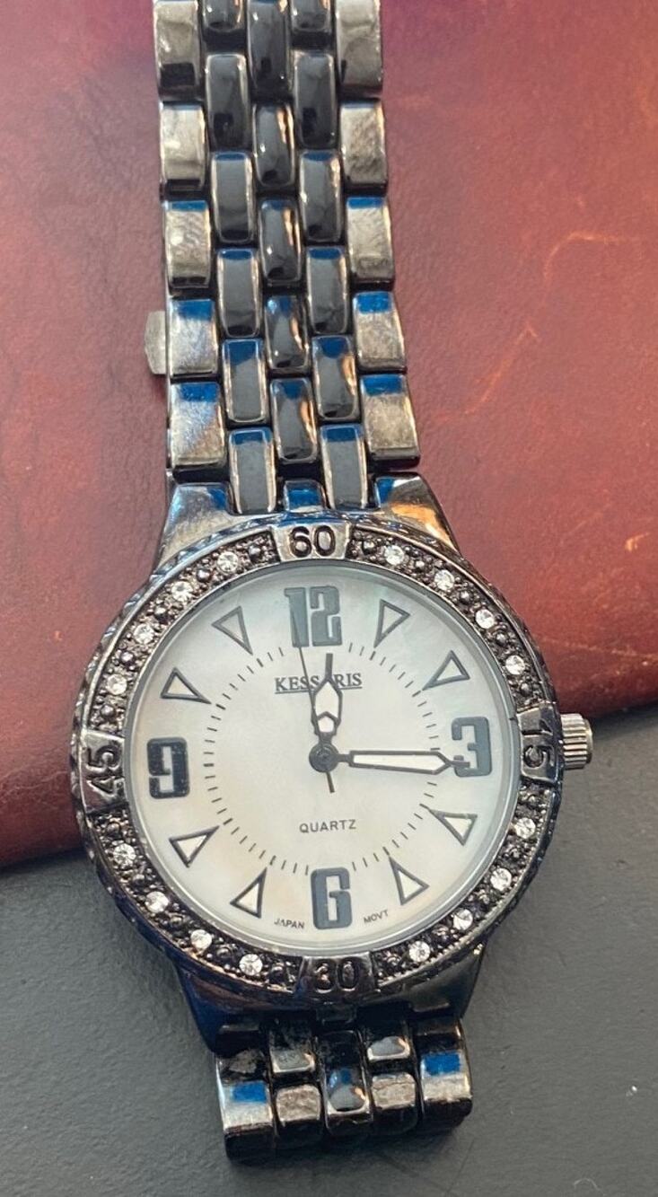 Women's 35mm Gun Metal Tone Watch, Crystal Accents. MOP Face